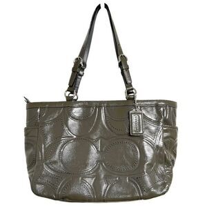 COACH F18326 Signature Gallery Stitch Patent C logo Leather Gray Tote Bag